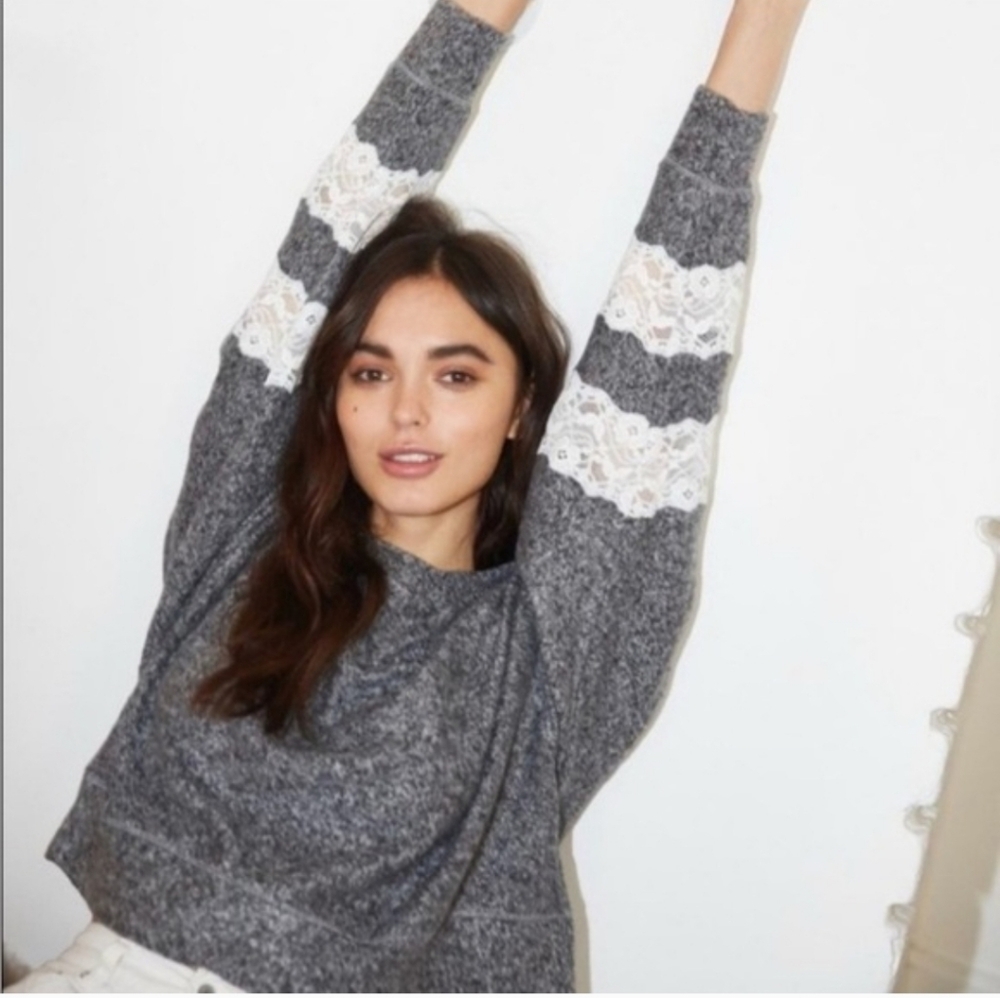 The Kooples Sport Gray Knit Top Lace Sleeve Detail Size 2 US Medium Paris Chic S